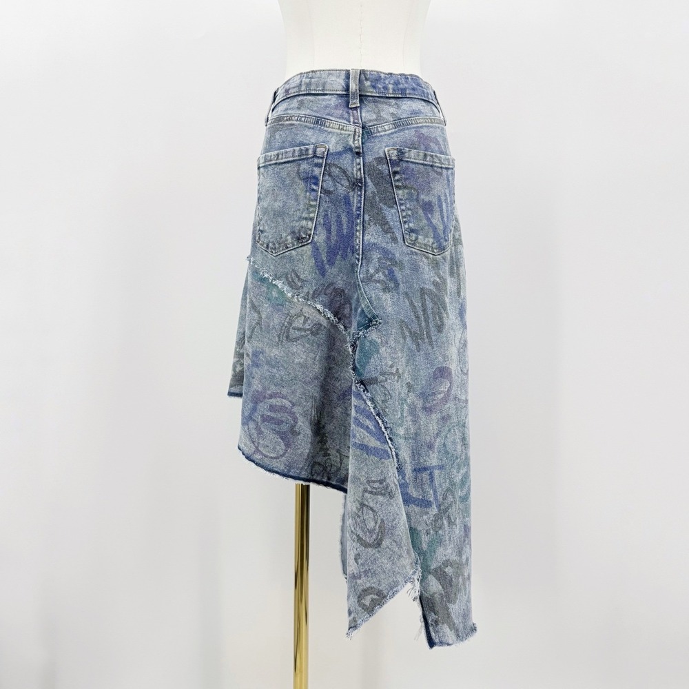 Upcycled Thrashed Denim Skirt Asymmetrical Raw Hem Patchwork Grunge Y2K 2 Punk - Picture 2 of 7